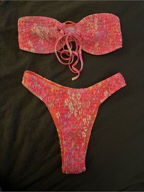 Smocked Bandeau Bikini Set in Bright Pink